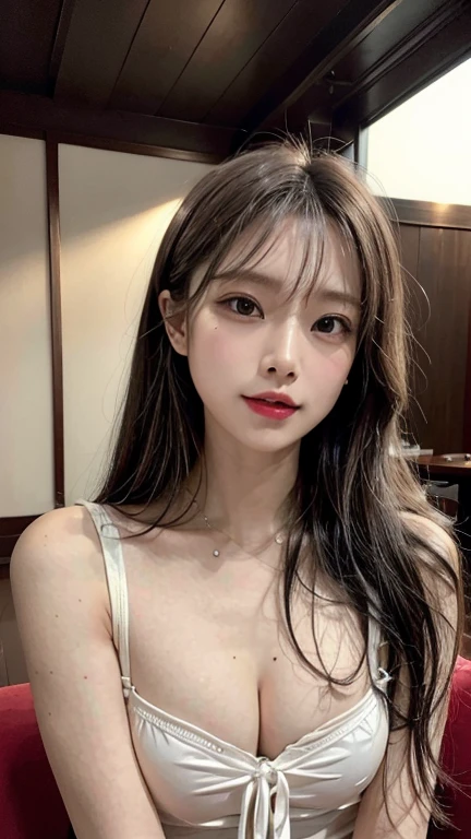 (8K、Highest quality、masterpiece:1.2)、No sleeve、tight silk dress、Quite embarrassing、Very detailed、Ultra-high resolution、A childlike smile、Innocence、 Girl in her 30s、Beautifully detailed face、(Slim waist) :1.3)、Middle Hair、beautifully detailed skin、Skin Texture、Floating Hair、Human whole body、masterpiece, Highest quality, Very detailedな, Film Photography, Very delicate and beautiful ,beautiful girls japanese girls, Small breasts,Close-up face,((No makeup)),、((club house)), ((look up:1.2 )),
