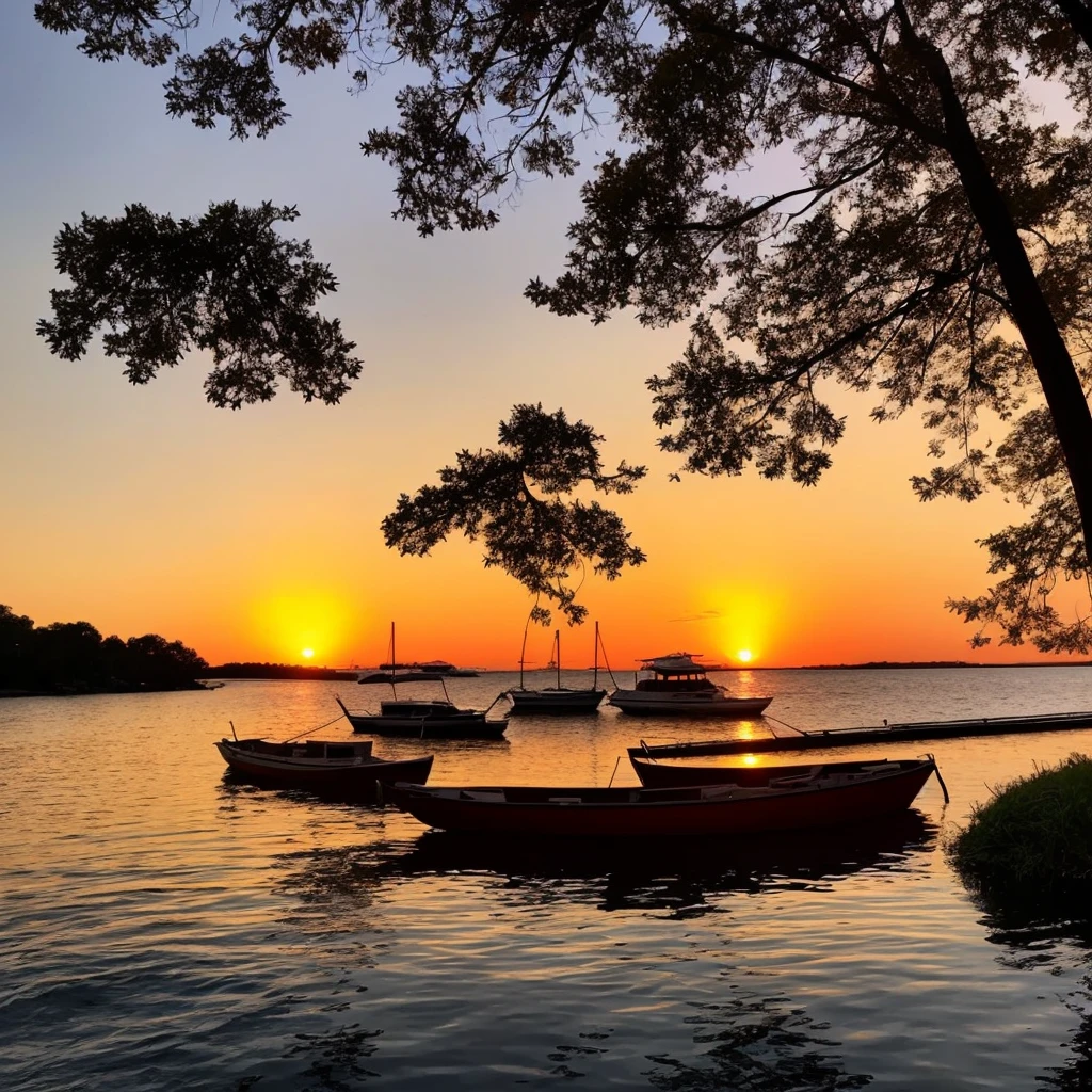 a sunset over the water with a boat in the foreground and trees in the background, warm beautiful scene, beautiful sunset, orange sun set, beautiful sunrise, the most beautiful sunset, sun sunset, orange sunset, sunset red and orange, sunset sunrise, very beautiful photo, golden sunset, beautiful sunset glow, sunset sinrise, gorgeous romantic sunset, vibrant sunset, morning sunrise