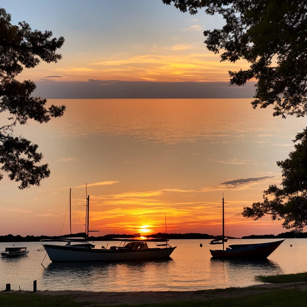 a sunset over the water with a boat in the foreground and trees in the background, warm beautiful scene, beautiful sunset, orange sun set, beautiful sunrise, the most beautiful sunset, sun sunset, orange sunset, sunset red and orange, sunset sunrise, very beautiful photo, golden sunset, beautiful sunset glow, sunset sinrise, gorgeous romantic sunset, vibrant sunset, morning sunrise