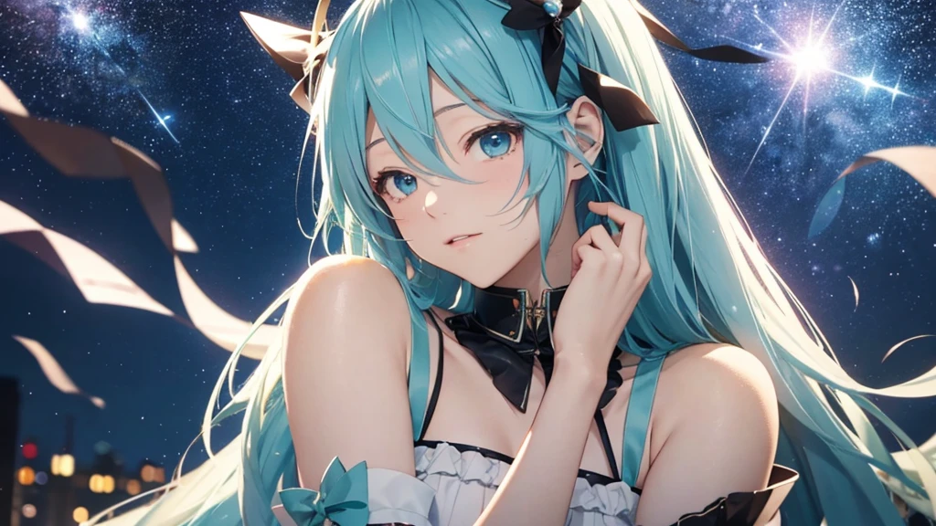 Under the midnight starry sky、Hatsune Miku celebrates old friendships and new beginnings。There&#39;s a warm light all around her、With a champagne glass in hand、Looking at the New Year&#39;s fireworks with a hopeful look on his face。In the background, a scene of soft colors spreads out, evoking the feeling of time passing slowly.。
