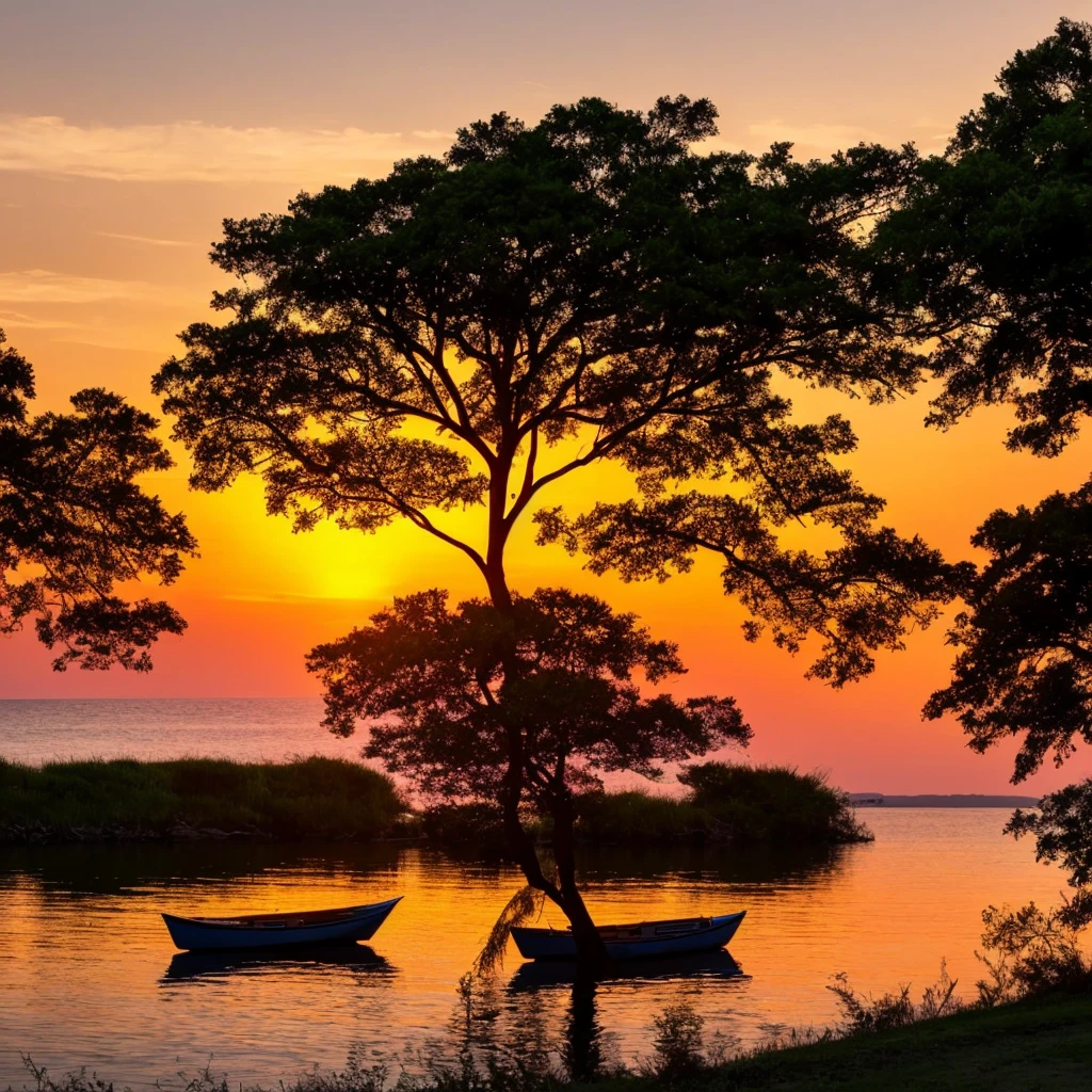 a sunset over the water with a boat in the foreground and trees in the background, a picture by Francisco de Holanda, shutterstock, fine art, warm beautiful scene, beautiful sunset, orange sun set, beautiful sunrise, the most beautiful sunset, sun sunset, orange sunset, sunset red and orange, sunset sunrise, very beautiful photo, beautiful sunset glow, golden sunset