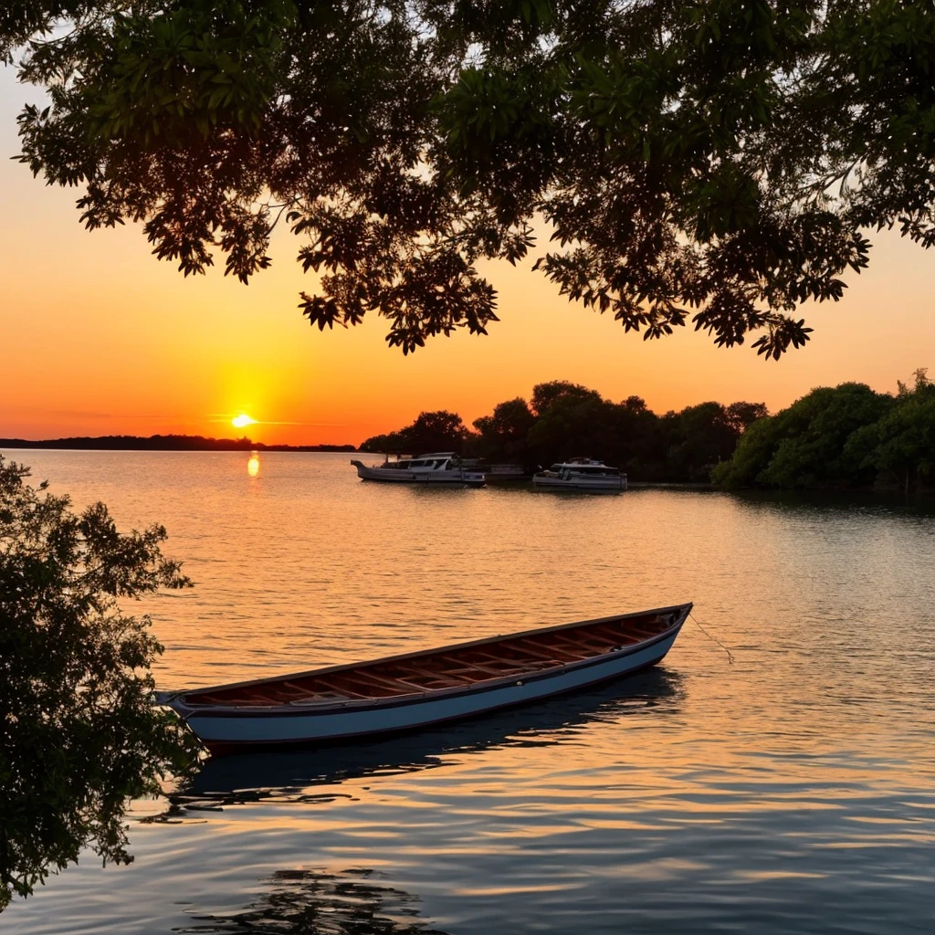 a sunset over the water with a boat in the foreground and trees in the background, a picture by Francisco de Holanda, shutterstock, fine art, warm beautiful scene, beautiful sunset, orange sun set, beautiful sunrise, the most beautiful sunset, sun sunset, orange sunset, sunset red and orange, sunset sunrise, very beautiful photo, beautiful sunset glow, golden sunset