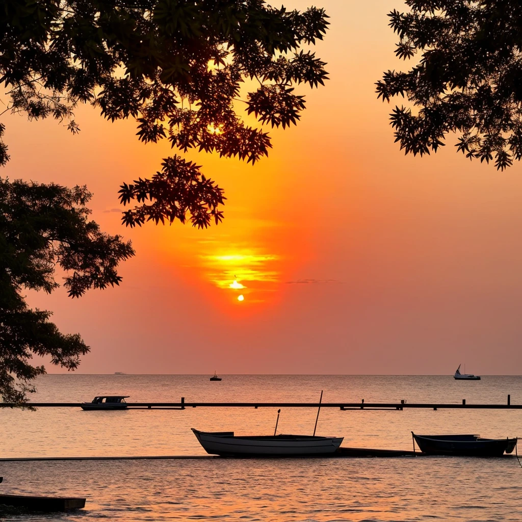 a sunset over the water with a boat in the foreground and trees in the background, warm beautiful scene, beautiful sunset, orange sun set, beautiful sunrise, the most beautiful sunset, sun sunset, orange sunset, sunset red and orange, sunset sunrise, very beautiful photo, golden sunset, beautiful sunset glow, sunset sinrise, gorgeous romantic sunset, vibrant sunset, morning sunrise