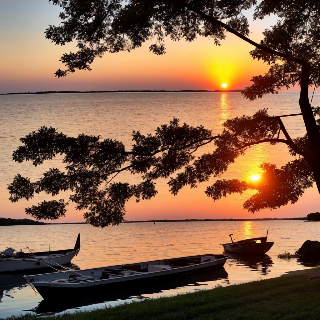 a sunset over the water with a boat in the foreground and trees in the background, warm beautiful scene, beautiful sunset, orange sun set, beautiful sunrise, the most beautiful sunset, sun sunset, orange sunset, sunset red and orange, sunset sunrise, very beautiful photo, golden sunset, beautiful sunset glow, sunset sinrise, gorgeous romantic sunset, vibrant sunset, morning sunrise