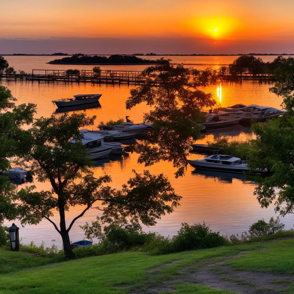 a sunset over the water with a boat in the foreground and trees in the background, warm beautiful scene, beautiful sunset, orange sun set, beautiful sunrise, the most beautiful sunset, sun sunset, orange sunset, sunset red and orange, sunset sunrise, very beautiful photo, golden sunset, beautiful sunset glow, sunset sinrise, gorgeous romantic sunset, vibrant sunset, morning sunrise