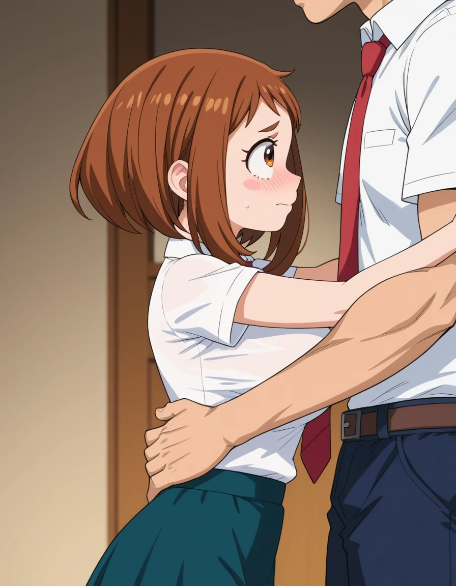 score_6_up, best quality, anime screencap, 1girl, ochako uraraka, brown eyes, brown hair, short hair, big breast, embarrassed_female, white shirts, skirt, red tie, 1boy, (faceless male, male face out of frame, size difference), standing, face to face, from side view, hug, (bedroom, night), profile, looking up