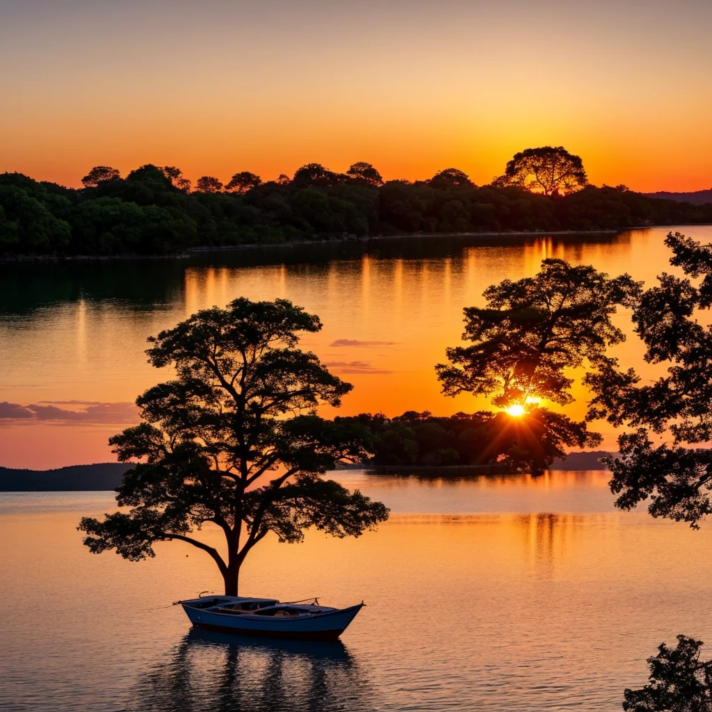 a sunset over the water with a boat in the foreground and trees in the background, a picture by Francisco de Holanda, shutterstock, fine art, warm beautiful scene, beautiful sunset, orange sun set, beautiful sunrise, the most beautiful sunset, sun sunset, orange sunset, sunset red and orange, sunset sunrise, very beautiful photo, beautiful sunset glow, golden sunset