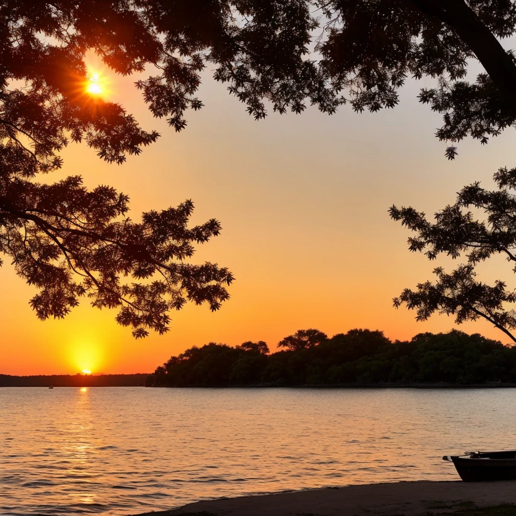 a sunset over the water with a boat in the foreground and trees in the background, warm beautiful scene, beautiful sunset, orange sun set, beautiful sunrise, the most beautiful sunset, sun sunset, orange sunset, sunset red and orange, sunset sunrise, very beautiful photo, golden sunset, beautiful sunset glow, sunset sinrise, gorgeous romantic sunset, vibrant sunset, morning sunrise