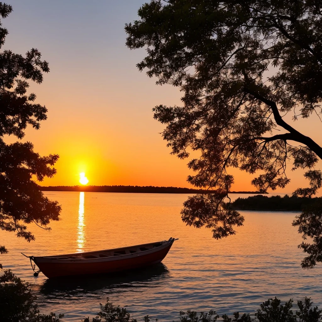 a sunset over the water with a boat in the foreground and trees in the background, warm beautiful scene, beautiful sunset, orange sun set, beautiful sunrise, the most beautiful sunset, sun sunset, orange sunset, sunset red and orange, sunset sunrise, very beautiful photo, golden sunset, beautiful sunset glow, sunset sinrise, gorgeous romantic sunset, vibrant sunset, morning sunrise
