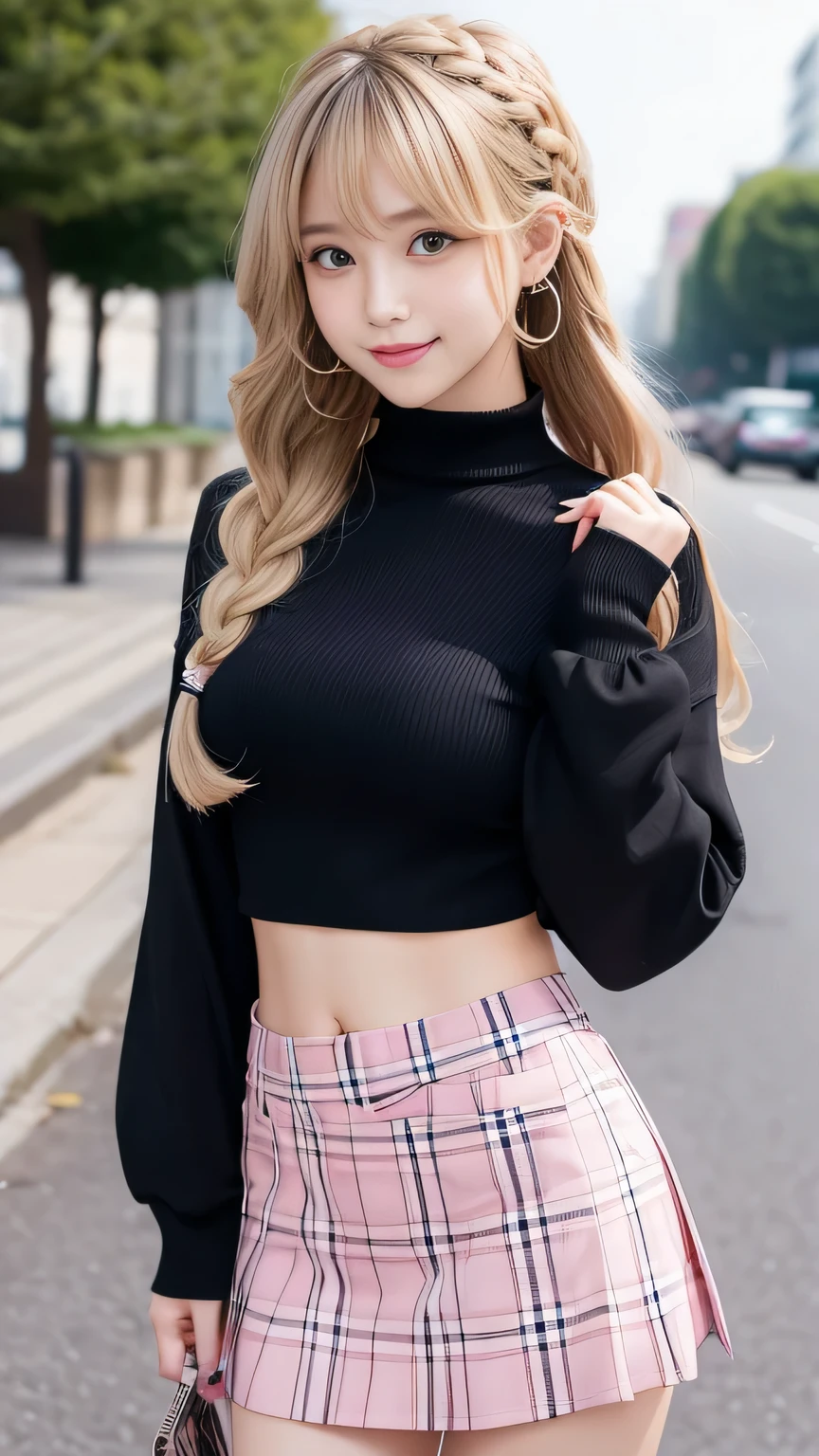 Sexy big ,14歳のbeautiful女の子はセクシーでかわいい & かわいいbeautifulセクシーな顔, A strong wind blows my hair in front of my face,beautiful super long metallic blonde French braids and、beautiful, Cute and sexy eyes hidden behind long bangs、Belly button shirt、Very short pink and black checkered miniskirt、Turn around and look at me with a smile、