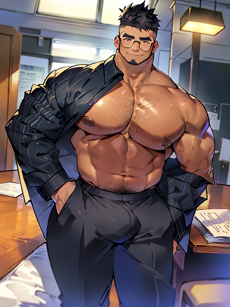 4k, masterpiece, high resolution:1.2, man, solo, bara, muscular, bid physique, crew cut hair, facial hair, chest, wide shoulder, big biceps, big thighs, big triceps, big butt, black hair, sexy smile, friendly, standing in an office, wearing formal trousers with a bulge sticking out, wearing formal stripes pattern office shirt, wearing glasses, upstairs office in the background, ultra detailed, shredded muscle, flat style, naked, bend over (((wearing herness))) (((view from the back, huge thick ass, laying on the stomach on the table)))