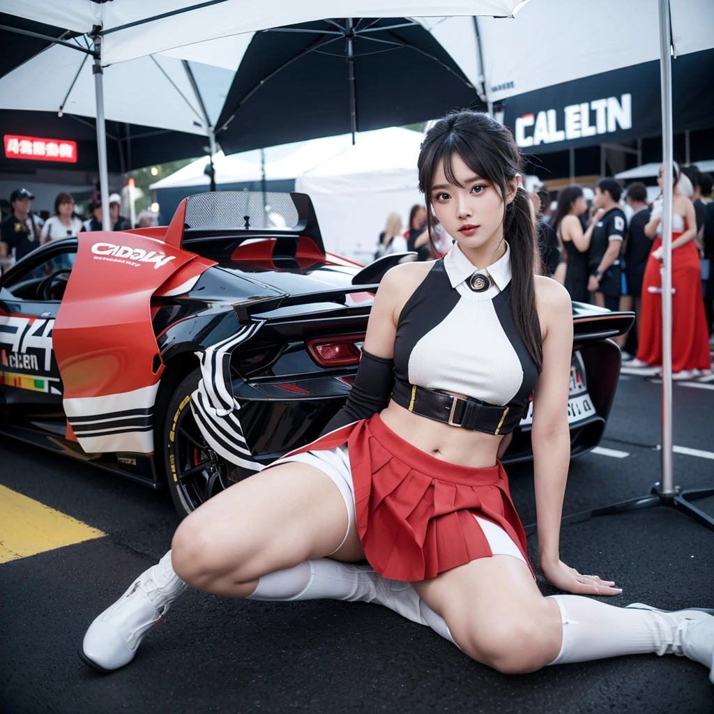Ultra detailed face、Cool woman、Colorful costumes、F1 Driver Cosplay、Colorful costumes、Clothing with company logo、Grid Girlsのカラフルで派手な衣装、Grid Girls、Perfect Face、Paddock Girls、Harem、motor Show、tights、Bodycon Costumes、Grid Girls、Russia、Grid Girlsのコスプレ、belly button、Pleated skirt、Bodycon Costumes、Photographed in a sexy pose