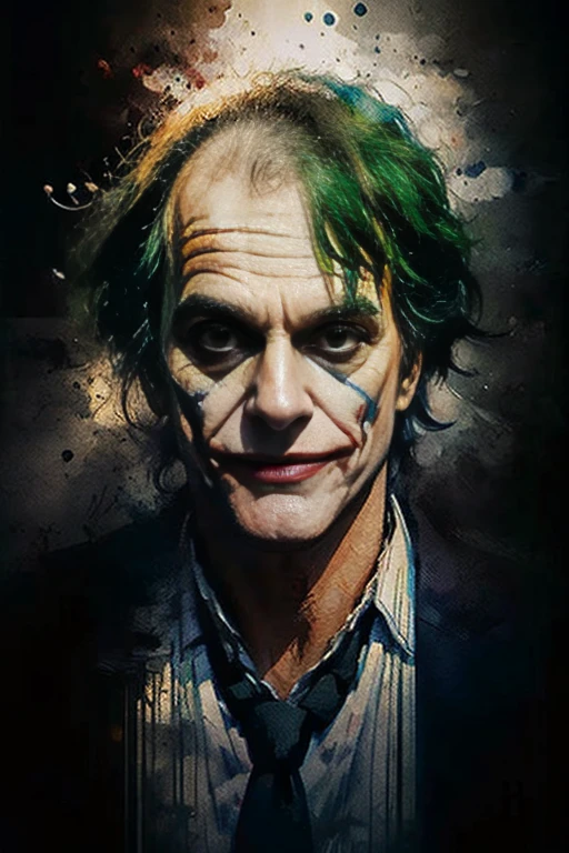 Masterpiece Illustration, high quality, high resolution 16k, a painting of a Joker with a smile on it's face, finnish cartoon, cgi art, oil painting, inspired by Mort Künstler, exaggerated expression, black background hyperrealism, by Václav Brožík, insane face, by Koloman Sokol, serious cartoon, cgi society, author unknown, incredulous, realistic texture, oil painting, ink, cloud,colorful