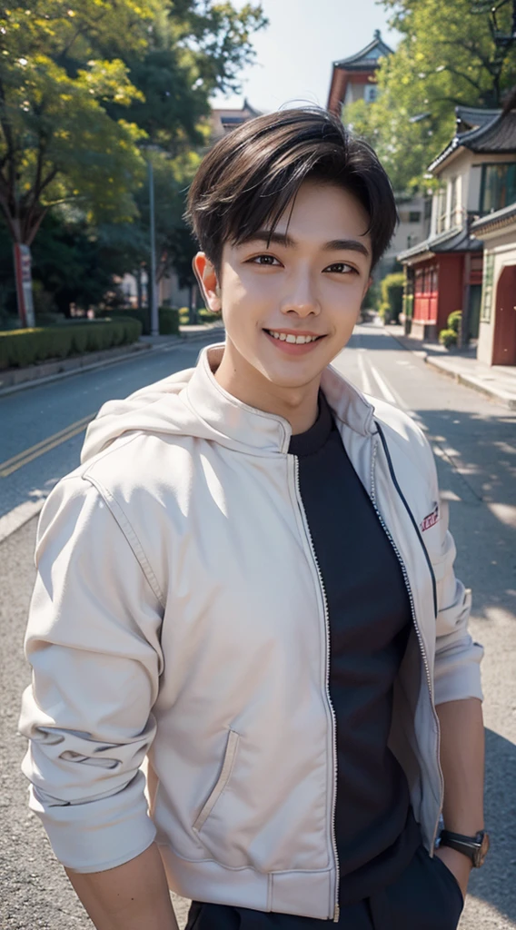 Masterpiece, best quality best, 1 young man, Asian man, East Asian people, one person, The muscles are in good proportion., Posing obscenely, short hair details，smile, white teeth, jacket set, road background, Realistic style，photography，Can be seen from the front, see viewers