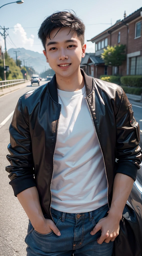 Masterpiece, best quality best, 1 young man, Asian man, East Asian people, one person, The muscles are in good proportion., Posing obscenely, short hair details，smile, white teeth, jacket set, road background, Realistic style，photography，Can be seen from the front, see viewers