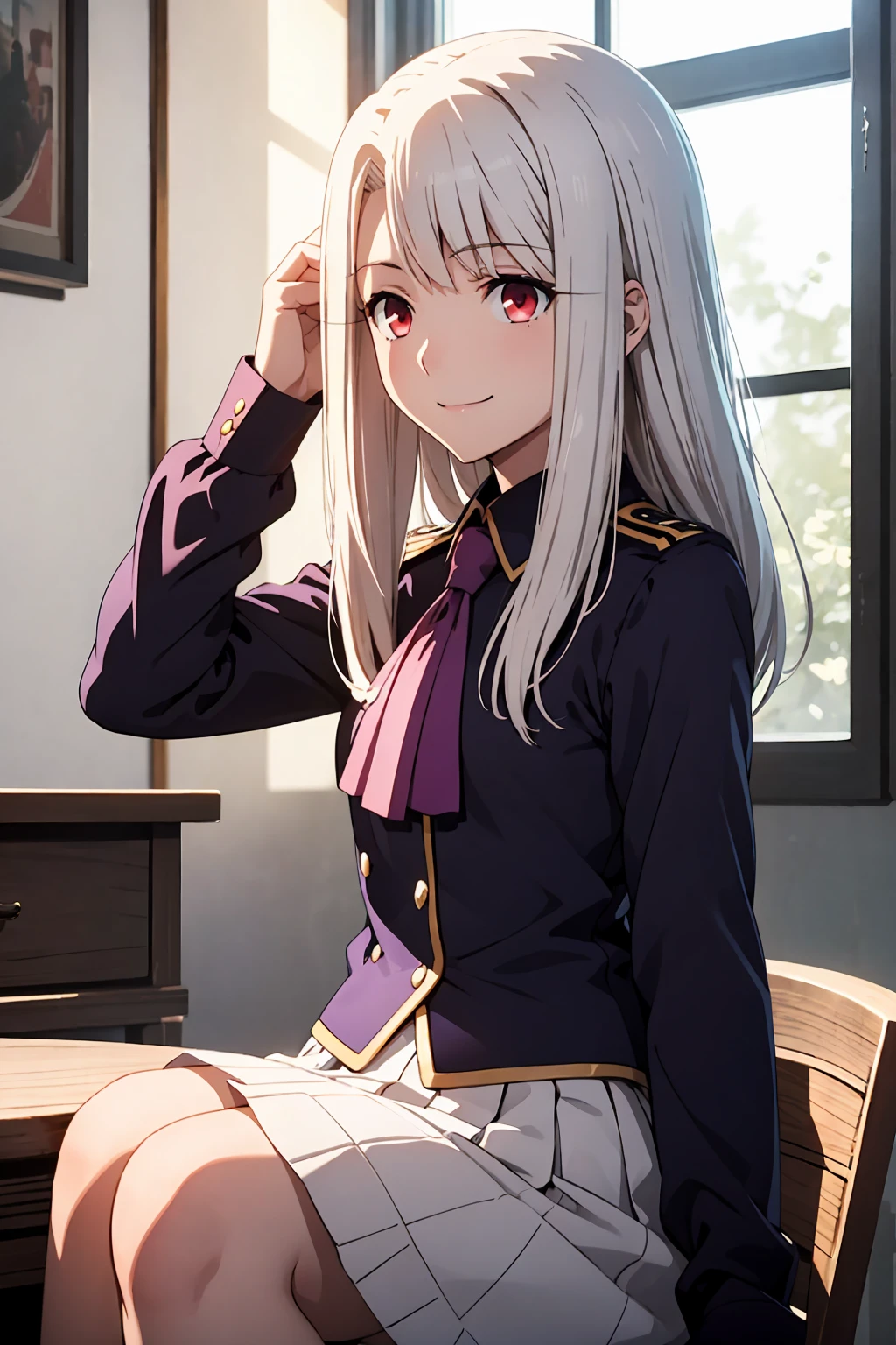 Highest quality, (masterpiece:1.2), Very detailed, destiny/Background of stay, indoor, Illyasviel von Einzbern, etc., One girl, alone, Sitting, Looking at the audience, Mouth closed, smile, Long Hair, Gray Hair, Red eyes, Purple Shirt, Ascot, White Skirt