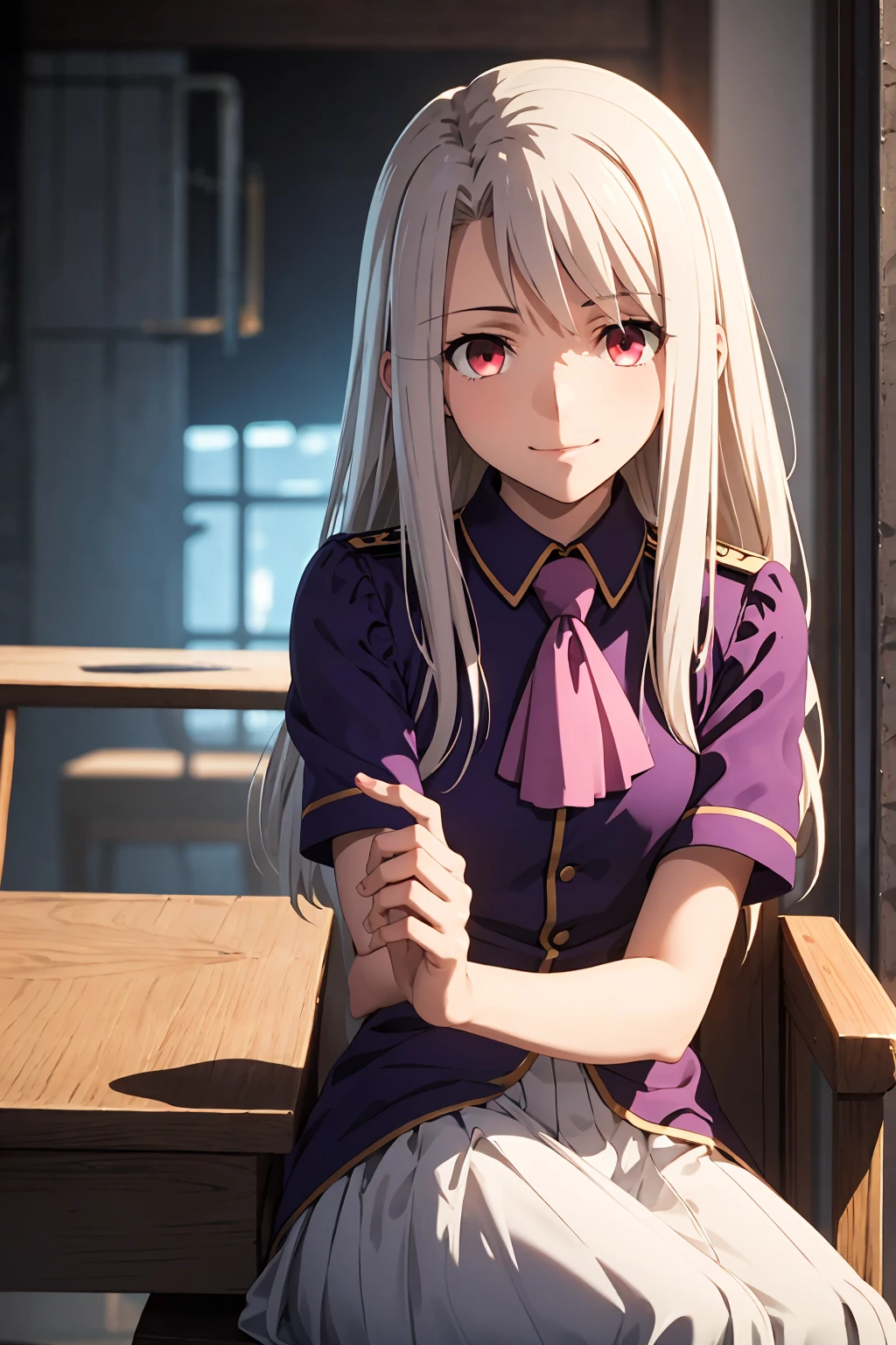 Highest quality, (masterpiece:1.2), Very detailed, destiny/Background of stay, indoor, Illyasviel von Einzbern, etc., One girl, alone, Sitting, Looking at the audience, Mouth closed, smile, Long Hair, Gray Hair, Red eyes, Purple Shirt, Ascot, White Skirt