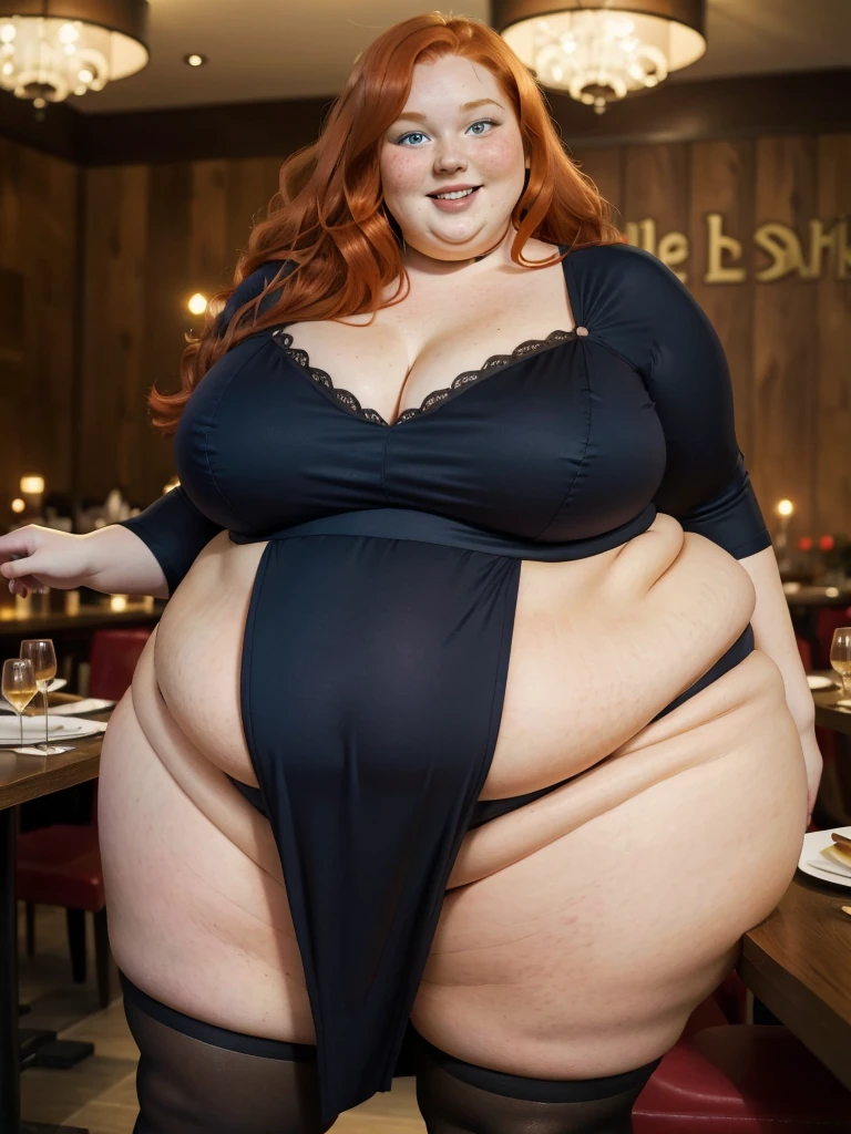 A happy photo of a young cute redhead bbw with long wavy ginger hair, huge soft fat belly, wide fat obese hips, thick fat legs and fat arms, cute pretty face, small breasts, blue eyes, freckles, in a beautiful detailed semi-covering long red dress and black stockings in a fancy restaurant at night