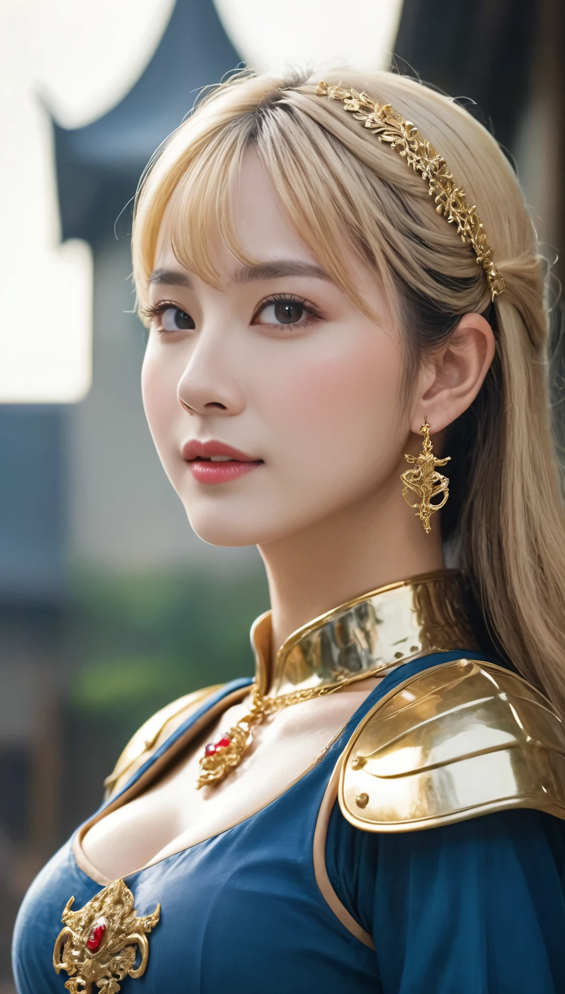 masterpiece,Highest quality,上位のknight,(女性knight_knight:1),(Gold Armor:1.3), (35歳の女性knight:1.3),、Big and ample breasts Big big cleavage ,Hyper Real,中世ヨーロッパのbattlefieldにいる,Beautiful smile、British women、Delicate skin texture to the smallest detail、Detailed blue eyes (Very large)、(Beautiful middle-aged woman)、(Fluffy long blonde hair)、Dense and dense skin texture、(((Very large)))、女性knight、(((Big big cleavage)))、Richly decorated golden armor、Golden long boots with flashy decorations、Pure gold and jewellery necklaces and collars、Big gold earrings、Red lips、(((Dressed in gorgeous golden armor)))、Golden Long Globe、((She has a fancy long sword))、The sword is ornately decorated..........................、((The blade is crimson))、(女性knight)、(battlefield)、