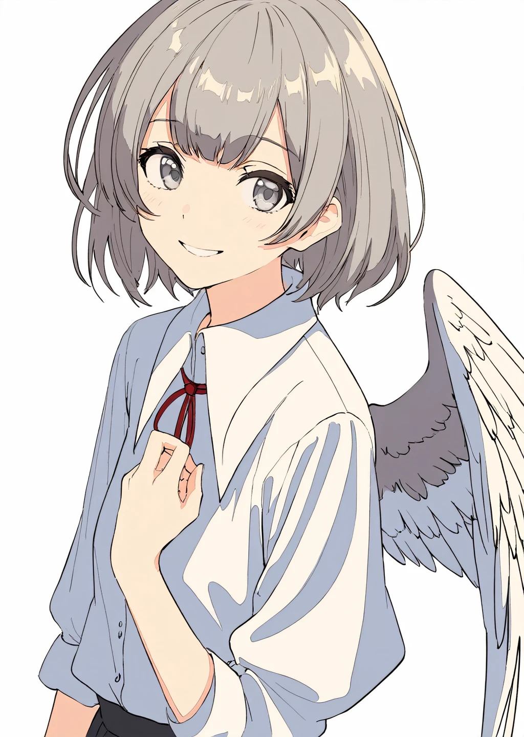 masterpiece,best quality,1girl, solo, upper_body, smile, grey_eyes, ahoge, bangs, short_hair, eyebrows_visible_through_hair, wing_collar, white_shirt, looking_at_viewer, simple_background, white_background