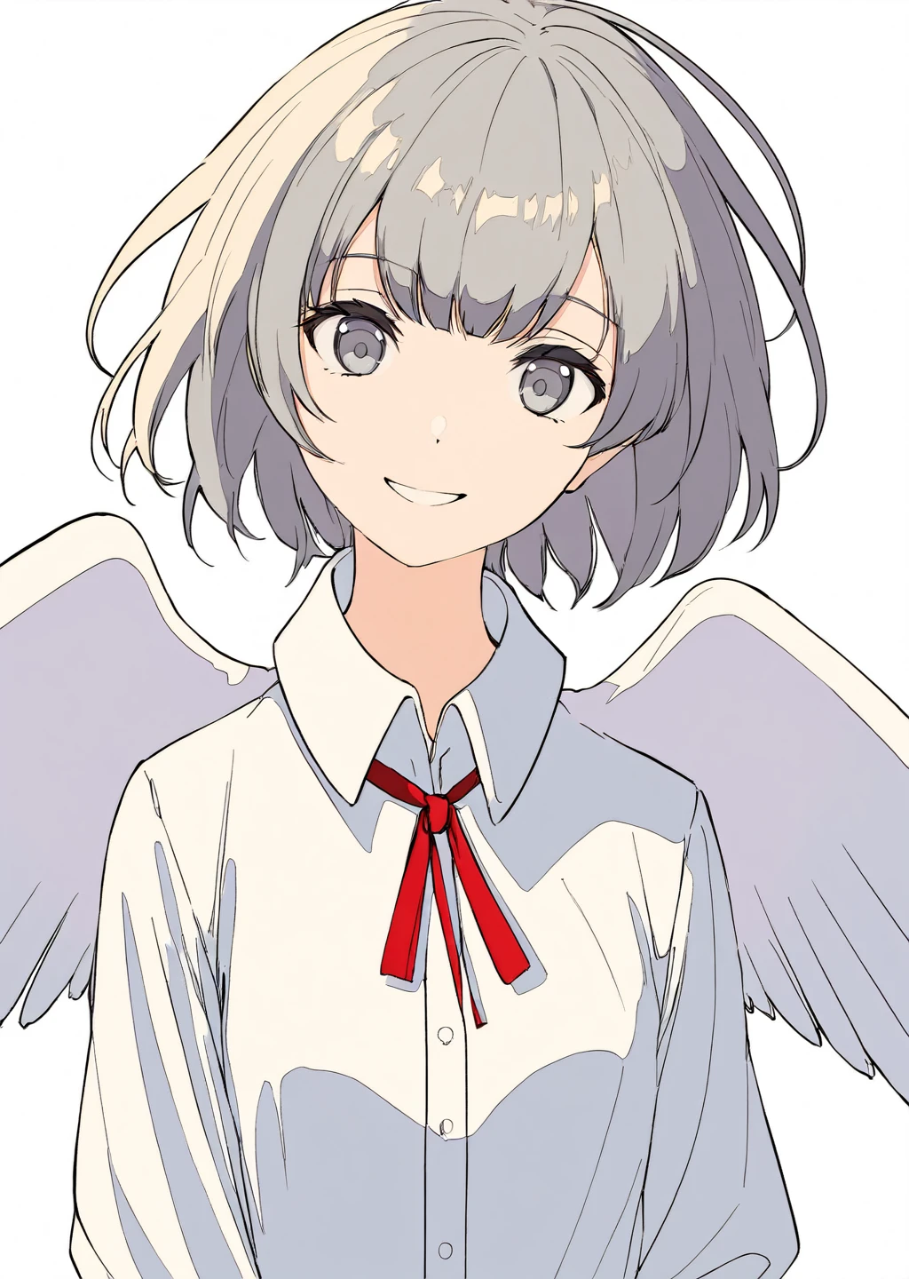 masterpiece,best quality,1girl, solo, upper_body, smile, grey_eyes, ahoge, bangs, short_hair, eyebrows_visible_through_hair, wing_collar, white_shirt, looking_at_viewer, simple_background, white_background