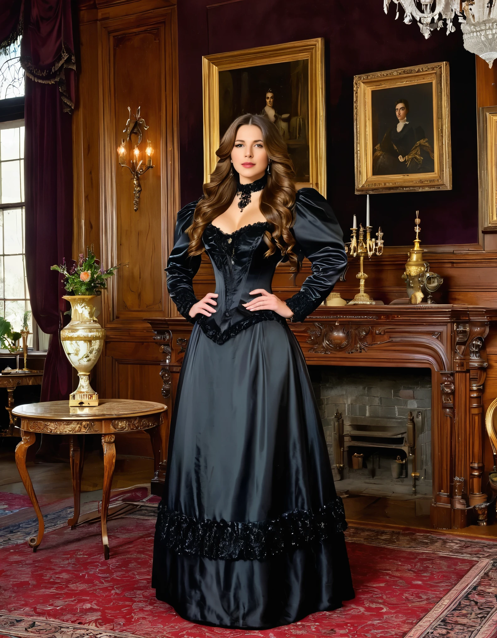 A woman with long brown hair, dressed in a black Victorian gown, standing in a historical mansion with antique furnishings.