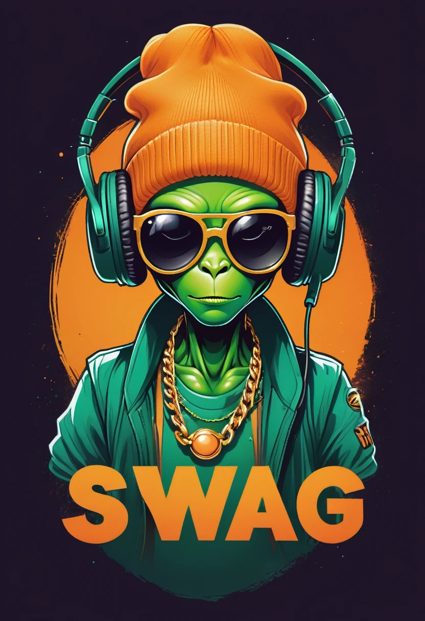 creative logo illustration of a green dj alien with orange beanie hat, golden chaine, hip hop outfits featuring the word ( SWAG ), The overall theme is vibrant and fantastic with a touch of digitl art  sketch by frank frazetta, dan mumford, carne griffith, high definition, negative space, T-shirts design