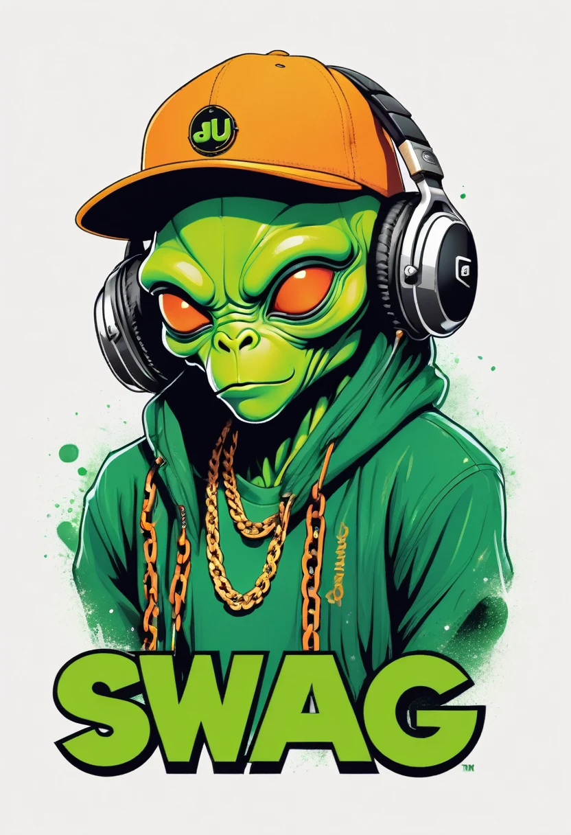 creative logo illustration of a green dj alien with orange beanie hat, golden chaine, hip hop outfits featuring the word ( SWAG ), The overall theme is vibrant and fantastic with a touch of digitl art  sketch by frank frazetta, dan mumford, carne griffith, high definition, negative space, T-shirts design