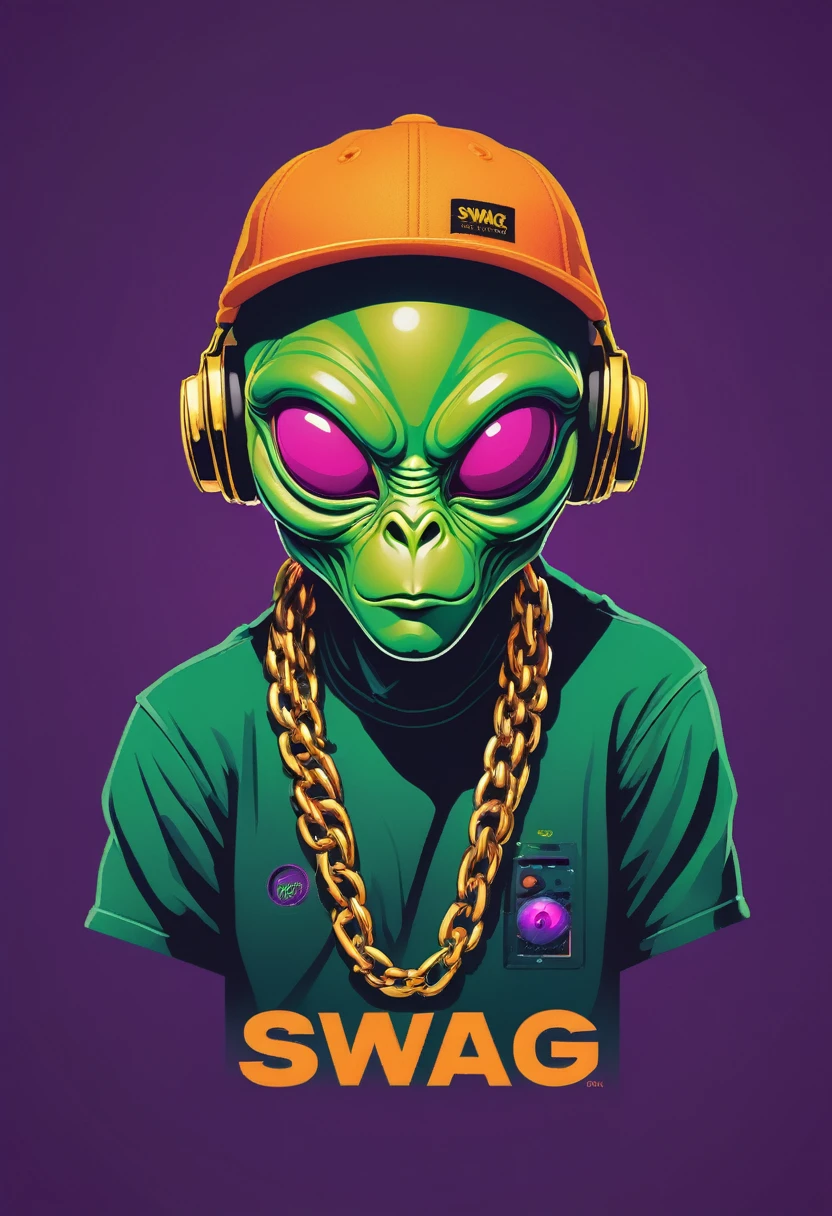 creative logo illustration of a green dj alien with orange beanie hat, golden chaine, hip hop outfits featuring the word ( SWAG ), The overall theme is vibrant and fantastic with a touch of digitl art sketch by frank frazetta, dan mumford, carne griffith, high definition, negative space, T-shirts design