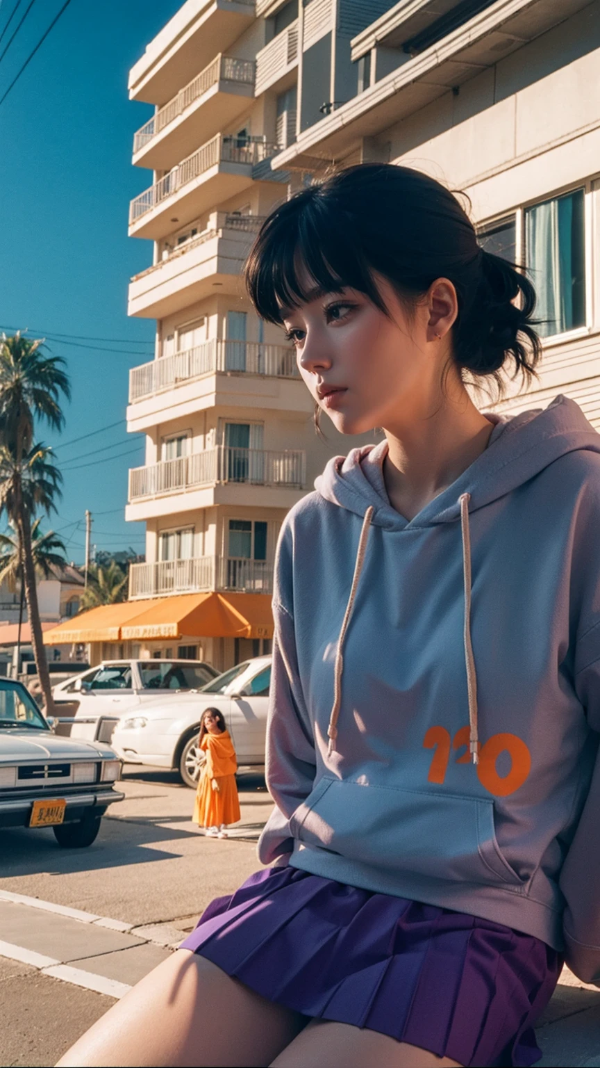 long shot portrait of cute 23 yo girl, happy body shape ,wear ((orange color oversized hoodie)), wear ((purple tennis skirt)),looking front,Best Quality,Masterpiece,Ultra High Resolution,(Realisticity:1.4),Original Photo, 1Girl, light leak,ultra high resolution,UHD,beautiful, (black bob hair), almond eye, no makeup, in front of (80's mondrian architecture motel), (realistic:1.2), (surreal:1.3), (very detailed:1.1), ((masterpiece)),summer, blue sky, palm trees,sunny, los angles vibes,film camera, 800mm lens,style of Philip Lorca diCorcia