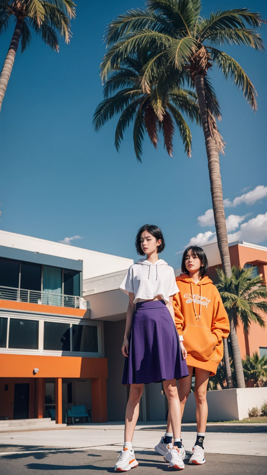 long shot portrait of cute 23 yo girl, happy body shape ,wear ((orange color oversized hoodie)), wear ((purple tennis skirt)),looking front,Best Quality,Masterpiece,Ultra High Resolution,(Realisticity:1.4),Original Photo, 1Girl, light leak,ultra high resolution,UHD,beautiful, (black bob hair), almond eye, no makeup, in front of (80's mondrian architecture motel), (realistic:1.2), (surreal:1.3), (very detailed:1.1), ((masterpiece)),summer, blue sky, palm trees,sunny, los angles vibes,film camera, 800mm lens,style of Philip Lorca diCorcia