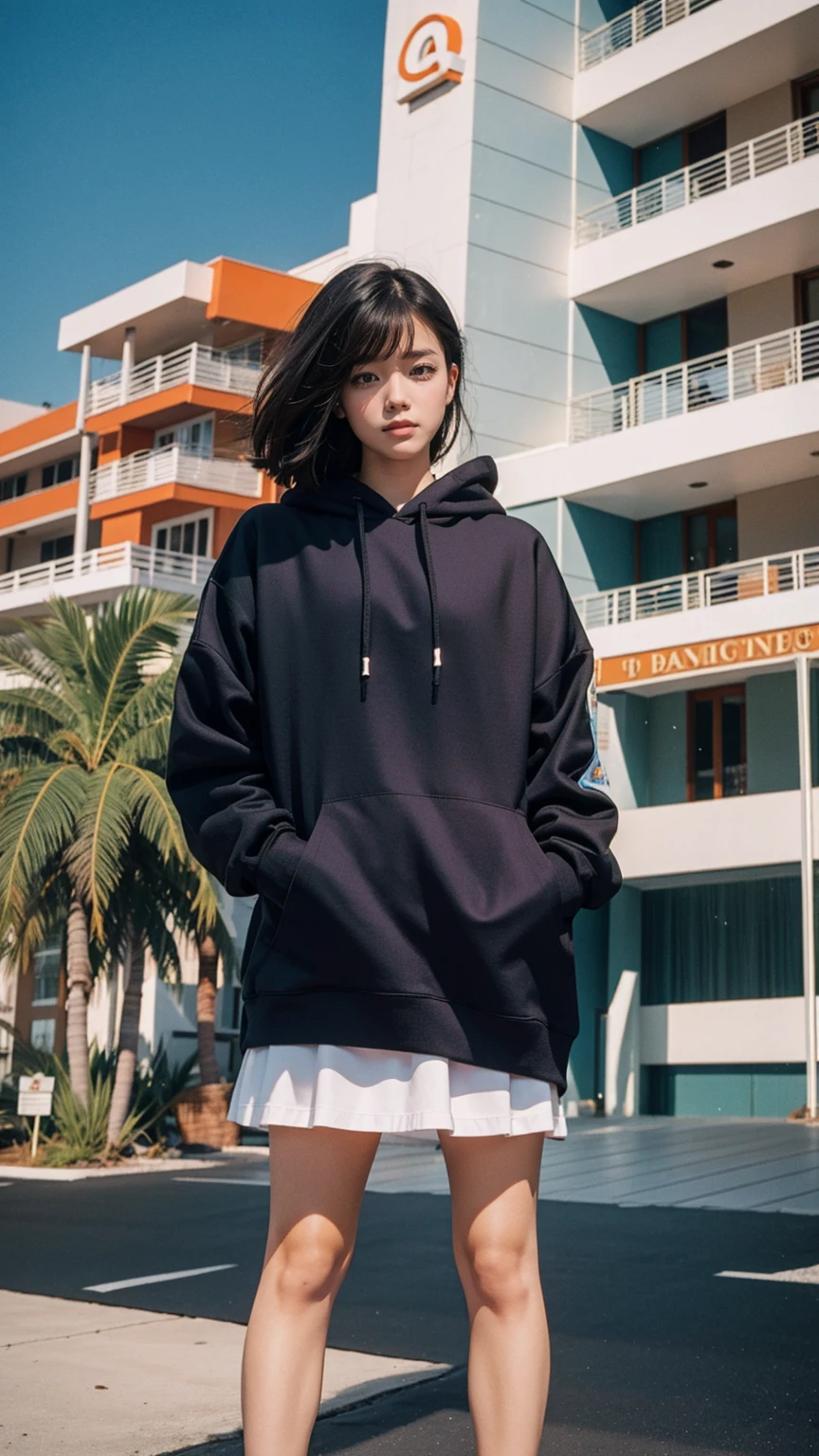 long shot portrait of cute 23 yo girl, happy body shape ,wear ((orange color oversized hoodie)), wear ((purple tennis skirt)),looking front,Best Quality,Masterpiece,Ultra High Resolution,(Realisticity:1.4),Original Photo, 1Girl, light leak,ultra high resolution,UHD,beautiful, (black bob hair), almond eye, no makeup, in front of (80's mondrian architecture motel), (realistic:1.2), (surreal:1.3), (very detailed:1.1), ((masterpiece)),summer, blue sky, palm trees,sunny, los angles vibes,film camera, 800mm lens,style of Philip Lorca diCorcia