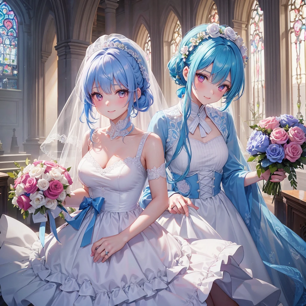 Sky blue hair, (Braided Ponytail),(Pink Eyes),Fair skin ,(whole body),(One girl),bride,A big smile,Straight bangs, 6月のbride,Wedding dress,(masterpiece, Highest quality, Very detailed, Best Shadow), (Detailed Background), (Beautifully detailed face), High Contrast, (Best lighting, Very delicate and beautiful), ((Cinematic Light)), colorful, Hyper Detail, Dramatic Light, Intricate details,Chapel background,Bouquet of roses,Ring on left ring finger,