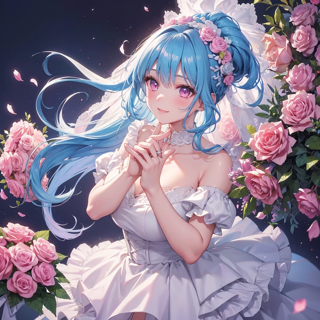 Sky blue hair, (Braided Ponytail),(Pink Eyes),Fair skin ,(whole body),(One girl),bride,A big smile,Straight bangs, 6月のbride,Wedding dress,(masterpiece, Highest quality, Very detailed, Best Shadow), (Detailed Background), (Beautifully detailed face), High Contrast, (Best lighting, Very delicate and beautiful), ((Cinematic Light)), colorful, Hyper Detail, Dramatic Light, Intricate details,Chapel background,Bouquet of roses,Ring on left ring finger,
