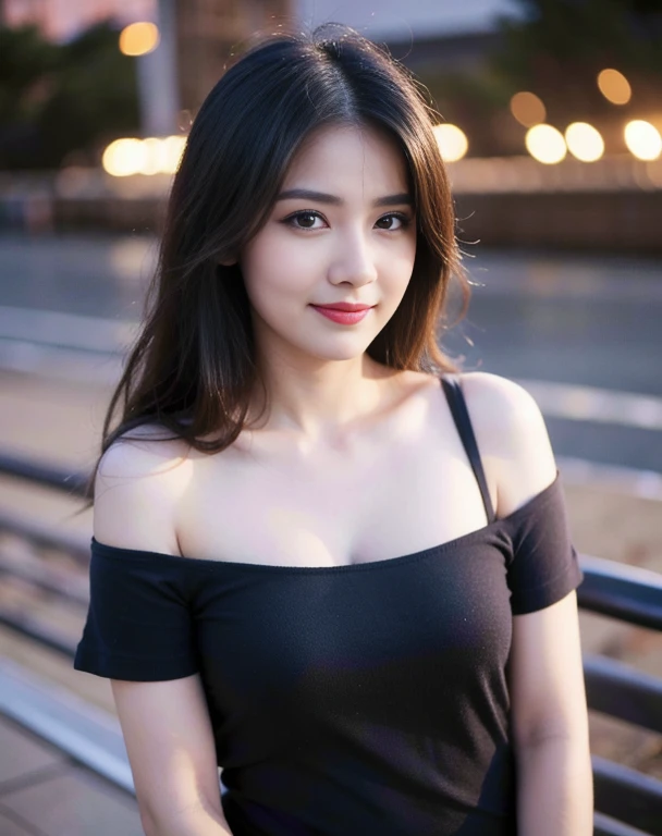 minolta rokkor pf 58mm f1.4 bokeh, (masterpiece:1.3), 8K, Photorealsitic, Raw photography, (Top image quality:1.4), asian high school girls, ( black long straight hairs pulled to the front), (breast size:0.8), Super Detail Face, (sharp focus:1.2), (pretty woman:1.4), top-quality, masterpiece, A high resolution, (Photorealsitic:1.4), Highly detailed and professional lighting, slender, wearing black oversize shirt off shoulder, serious facial expression, rules of third, 1 person, pretty eyes, beauty smile, standing on the bridge side at night, turn back body