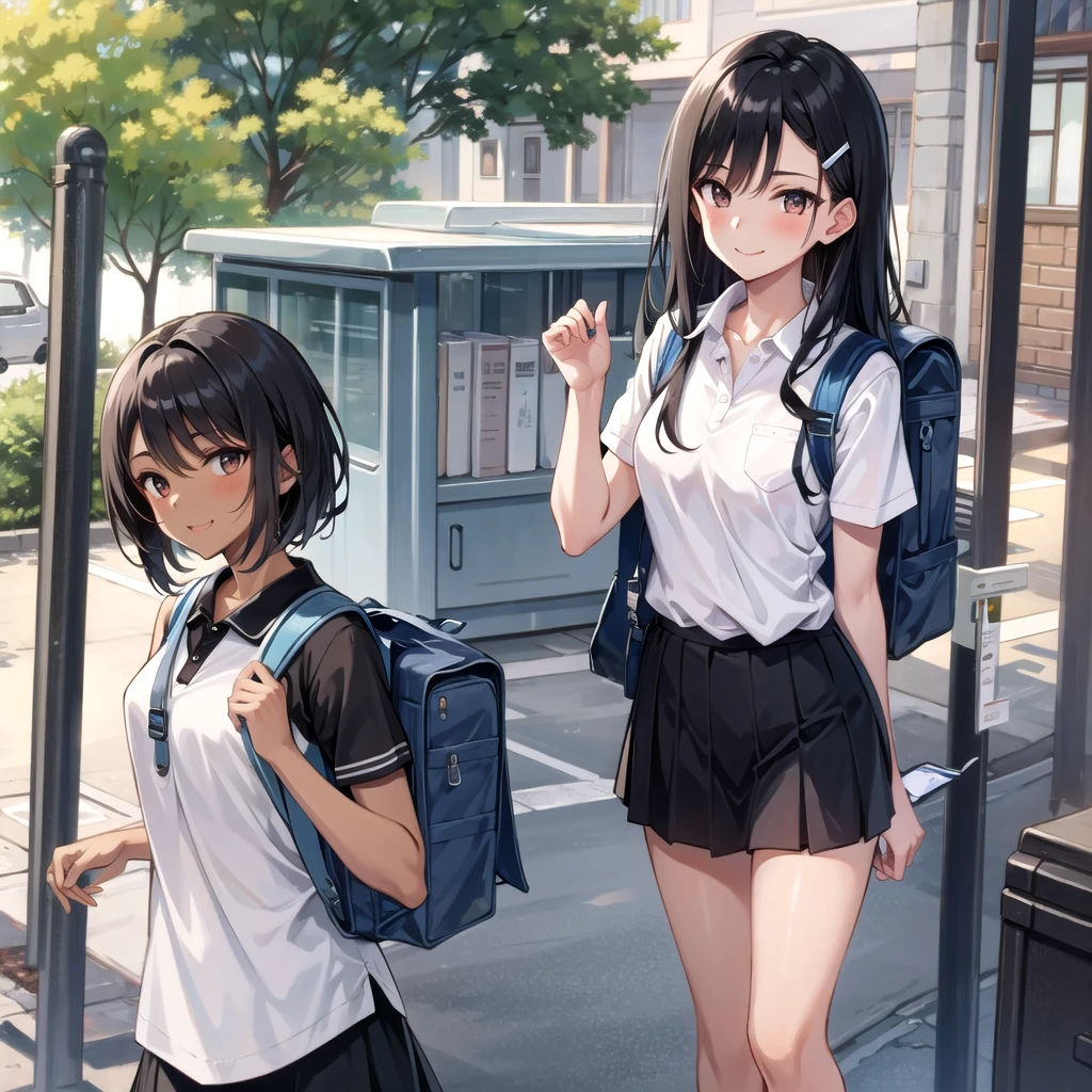 ((best quality)), ((masterpiece)), (detailed), 1girl, sexly((best quality)), ((masterpiece)), (detailed), 1girl, sexly((Highest quality)), ((masterpiece)), (detailed), One girl, whole body、Sexy expensive body, expensive, Long legs, mature female, mature, Adult, It is_nagatoro_main, nagatoro hayase, One girl, blush, alone, White polo shirt、 Black Hair, bag, Brown eyes, hair ornaments, View your viewers, Hair Clip, Outdoor, Backpack, smile, Long Hair, White shirt, Dark skinned women, Dark Skin, , bangs, Day, skirt, Collared shirt, clavicle, Ear Clip, Rolled up my sleeves, Mouth closed, wood, asymmetrical bangs, Upper Body
