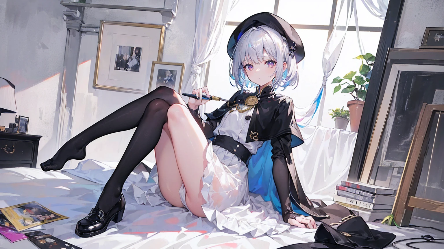 (Super detailed)),((illustration)),((masterpiece)),(((need))),((fine、Highest quality CG Unity 8K wallpapers,masterpiece),((4K,masterpiece,best quality)),rainbow发的大概16岁的少女,flat chest,short hair,Gold and silver eyes,Golden Apprentice Uniform,Black short cape,Berets,Black shoes,Paint flowing under your feet,White Silk,Paint-stained white dress,Monocle,The walls are covered with self-portraits,身边有rainbow,phantom,Exhaustion,Overworked,There is a huge drawing board in front of me.,In a white room,Paint condensed in the air,rainbow,individual,Full body picture