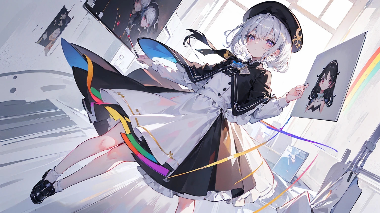 (Super detailed)),((illustration))，((masterpiece)),(((need))),((fine、Highest quality CG Unity 8K wallpapers，masterpiece），（（4K，masterpiece，best quality）），rainbow发的大概16岁的少女，flat chest，short hair，Gold and silver eyes，Golden Apprentice Uniform，Black short cape，Berets，Black shoes，Paint flowing under your feet，White Silk，Paint-stained white dress，Monocle，The walls are covered with self-portraits，身边有rainbow，phantom，Exhaustion，Overworked，There is a huge drawing board in front of me.，In a white room，Paint condensed in the air，rainbow，individual，Full body picture