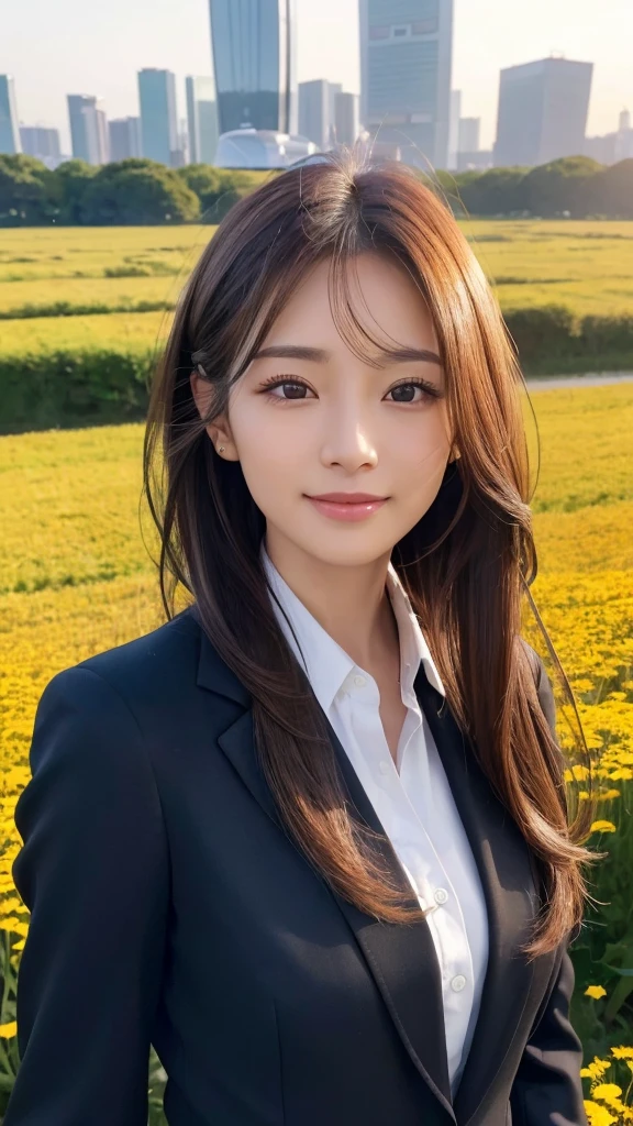 highest quality、genuine、Super detailed、finely、High resolution、8k wallpaper、one beautiful woman、、、light brown disheveled hair、wearing a business suit、sharp focus、perfect dynamic composition、beautiful and detailed eyes、thin hair、Detailed genuine skin texture、smile、model body shape、In Tokyo at morning、In a windswept meadow