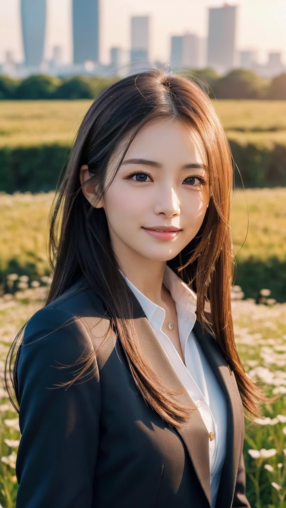 highest quality、genuine、Super detailed、finely、High resolution、8k wallpaper、one beautiful woman、、、light brown disheveled hair、wearing a business suit、sharp focus、perfect dynamic composition、beautiful and detailed eyes、thin hair、Detailed genuine skin texture、smile、model body shape、In Tokyo at morning、In a windswept meadow