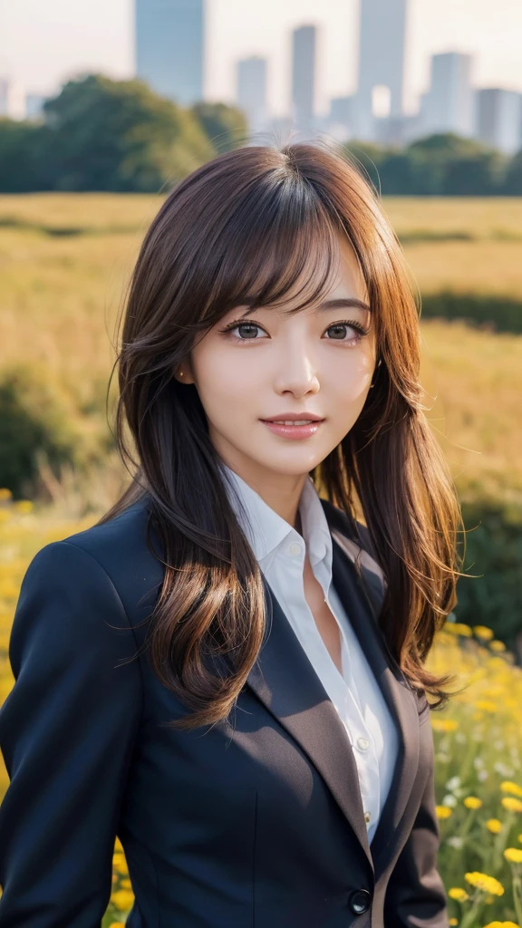 highest quality、genuine、Super detailed、finely、High resolution、8k wallpaper、one beautiful woman、、、light brown disheveled hair、wearing a business suit、sharp focus、perfect dynamic composition、beautiful and detailed eyes、thin hair、Detailed genuine skin texture、smile、model body shape、In Tokyo at morning、In a windswept meadow