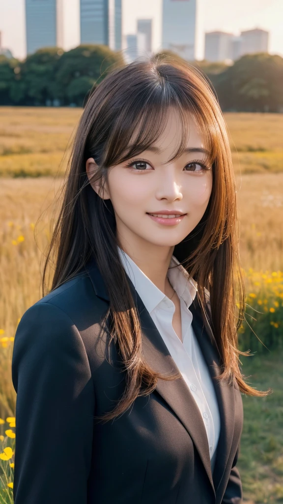 highest quality、genuine、Super detailed、finely、High resolution、8k wallpaper、one beautiful woman、、、light brown disheveled hair、wearing a business suit、sharp focus、perfect dynamic composition、beautiful and detailed eyes、thin hair、Detailed genuine skin texture、smile、model body shape、In Tokyo at morning、In a windswept meadow