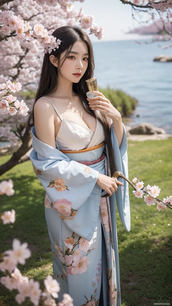 best quality,masterpiece,Ultra-high resolution,(photoactual:1.4),,beautiful_Face,Twenty-five--old oriental nine-tailed fairy fox woman,bright eyes,cleavage,Long silver hair above the waist,Wearing a Japanese kimono(1:0),Samurai sword,Drinking under the flower tree,Peach blossoms flying