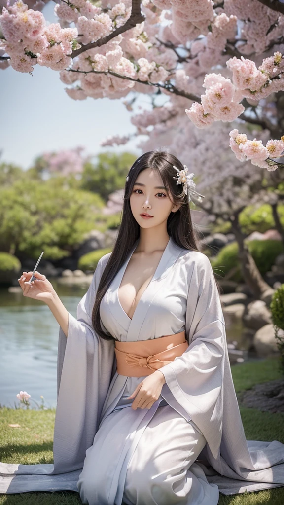 best quality,masterpiece,Ultra-high resolution,(photoactual:1.4),,beautiful_Face,Twenty-five-year-old oriental nine-tailed fairy fox woman,bright eyes,cleavage,Long silver hair above the waist,Wearing a Japanese kimono(1:0),Samurai sword,Drinking under the flower tree,Peach blossoms flying