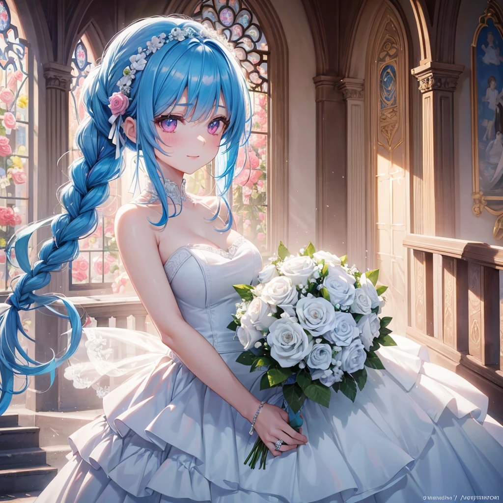 Sky blue hair, (Braided Ponytail),(Pink Eyes),Fair skin ,(whole body),(One girl),bride,A big smile,Straight bangs, 6月のbride,Wedding dress,(masterpiece, Highest quality, Very detailed, Best Shadow), (Detailed Background), (Beautifully detailed face), High Contrast, (Best lighting, Very delicate and beautiful), ((Cinematic Light)), colorful, Hyper Detail, Dramatic Light, Intricate details,Chapel background,Bouquet of roses,Ring on left ring finger,