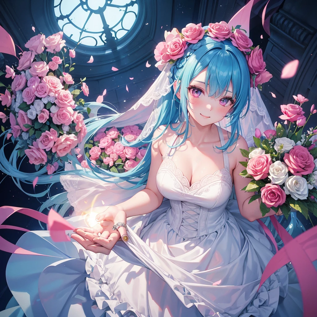 Sky blue hair, (Braided Ponytail),(Pink Eyes),Fair skin ,(whole body),(One girl),bride,A big smile,Straight bangs, 6月のbride,Wedding dress,(masterpiece, Highest quality, Very detailed, Best Shadow), (Detailed Background), (Beautifully detailed face), High Contrast, (Best lighting, Very delicate and beautiful), ((Cinematic Light)), colorful, Hyper Detail, Dramatic Light, Intricate details,Chapel background,Bouquet of roses,Ring on left ring finger,