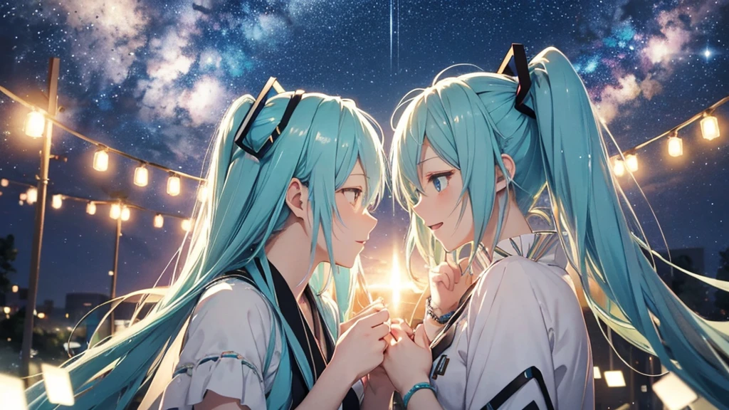 Under the midnight starry sky、Hatsune Miku celebrates old friendships and new beginnings。There&#39;s a warm light all around her、With a champagne glass in hand、Looking at the New Year&#39;s fireworks with a hopeful look on his face。In the background, a scene of soft colors spreads out, evoking the feeling of time passing slowly.。