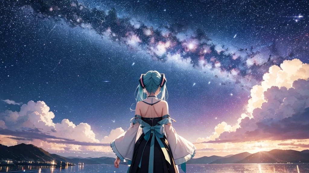 Under the midnight starry sky、Hatsune Miku celebrates old friendships and new beginnings。There's a warm light all around her、With a champagne glass in hand、Looking at the New Year's fireworks with a hopeful look on his face。In the background, a scene of soft colors spreads out, evoking the feeling of time passing slowly.。