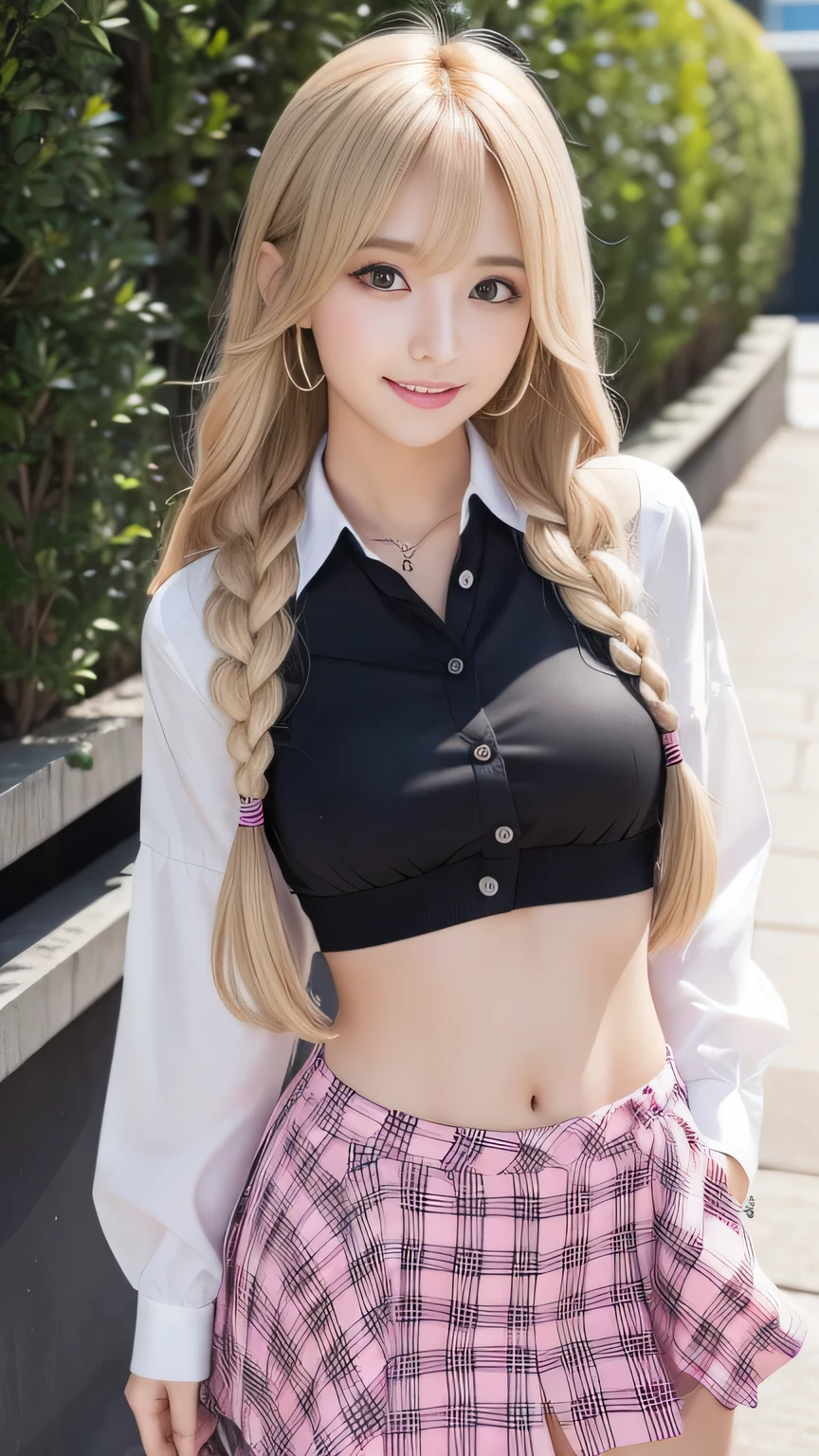 Sexy big ,14歳のbeautiful女の子はセクシーでかわいい & かわいいbeautifulセクシーな顔, A strong wind blows my hair in front of my face,beautiful super long metallic blonde French braids and、beautiful, Cute and sexy eyes hidden behind long bangs、Belly button shirt、Very short pink and black checkered miniskirt、Turn around and look at me with a smile、