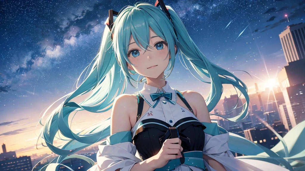 Under the midnight starry sky、Hatsune Miku celebrates old friendships and new beginnings。There&#39;s a warm light all around her、With a champagne glass in hand、Looking at the New Year&#39;s fireworks with a hopeful look on his face。In the background, a scene of soft colors spreads out, evoking the feeling of time passing slowly.。